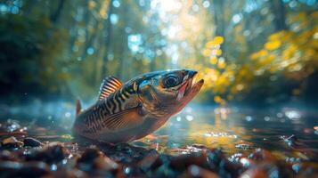 A vibrant fish swimming in a serene forest stream with sunlight filtering through trees photo
