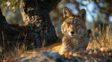 Close-up of a calm coyote resting in golden grass near a tree in a tranquil natural setting photo