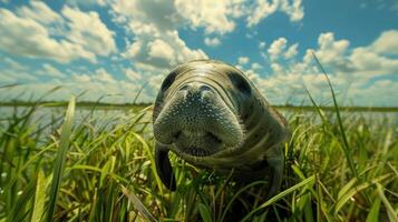 Curious manatee exploring lush green grass near tranquil water under a bright blue sky photo