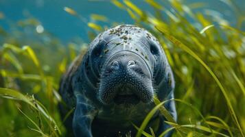 A serene underwater scene featuring a manatee amidst lush seagrass, with bubbles rising in the background photo