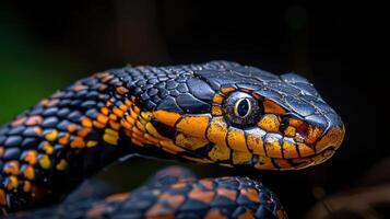 Close-up of a vibrant snake showcasing intricate scales and vivid colors in a natural setting photo
