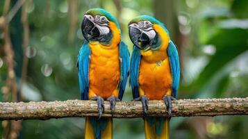 Two vibrant macaws perched on a branch in a lush tropical rainforest setting photo