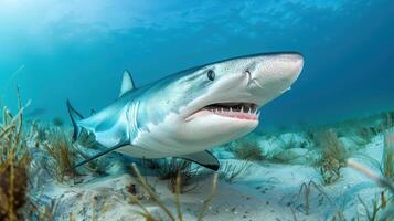 Underwater view of a shark swimming over sandy ocean floor with sea grass in background photo