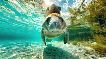 Underwater view of a manatee swimming gracefully in clear turquoise waters with sandy bottom photo