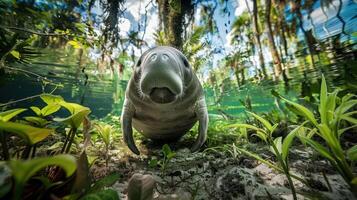 Underwater view of a manatee surrounded by lush greenery in a serene freshwater habitat photo