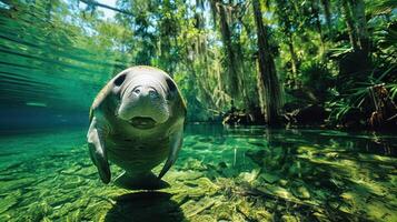 A serene underwater scene featuring a manatee swimming gracefully through clear waters surrounded by lush greenery photo