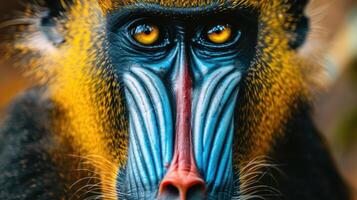Close-up portrait of a vibrant mandrill showcasing its colorful facial features and intense gaze photo
