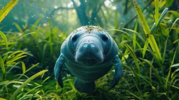 Underwater view of a manatee swimming through lush green aquatic vegetation in serene habitat photo