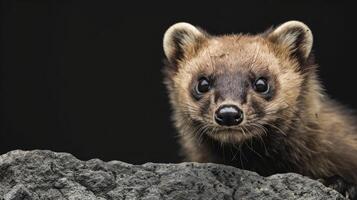 Close-up of a curious marten peering over a rock against a dark background, showcasing its expressive features photo