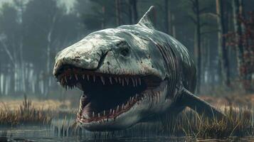 Large prehistoric shark emerging from a misty forest lake, showcasing its menacing teeth and scale photo
