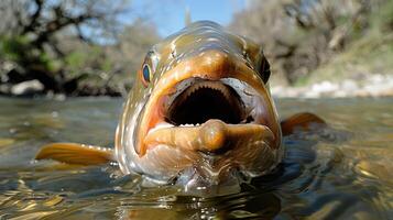 Close-up of a fish emerging from clear water, surrounded by a natural landscape with trees photo