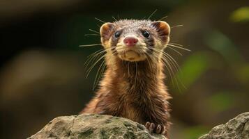 Playful marten perched on a rock, surrounded by lush greenery in a natural habitat photo
