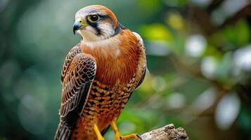 Majestic falcon perched on a branch, surrounded by lush greenery in a serene environment photo