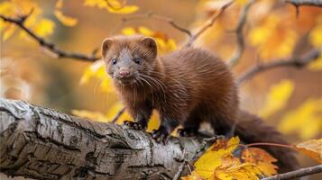 A curious marten exploring a tree branch amidst vibrant autumn leaves in a forest setting photo
