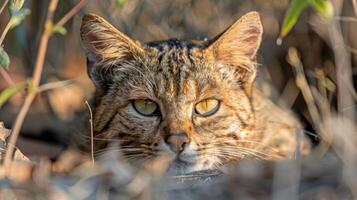 Close-up of a wild cat resting in natural habitat, surrounded by dry grass and foliage photo
