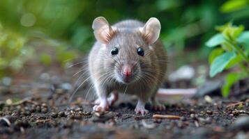 Close-up of a curious mouse exploring the forest floor, surrounded by lush greenery and soft light photo