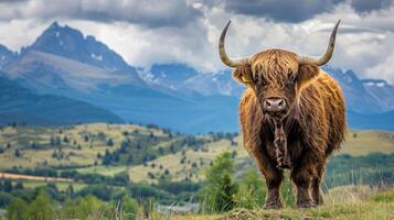 Highland cow standing majestically on a hillside with mountains in the background under cloudy skies photo