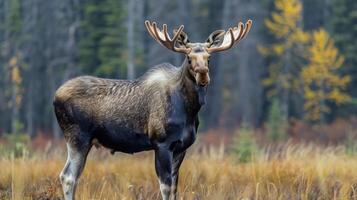 Majestic moose standing in autumn meadow surrounded by colorful foliage and tall trees photo