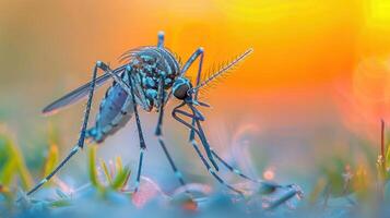 Close-up of a mosquito feeding on a surface during sunset, with blurred natural background photo