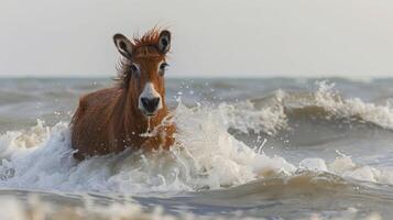 A playful horse splashes through ocean waves at sunset, with a serene beach in the background photo