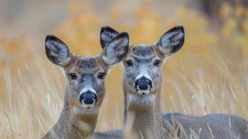 Two deer standing side by side in a golden grassy field during autumn, with blurred foliage photo