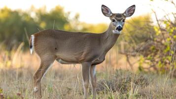 A serene deer stands gracefully in a sunlit meadow, surrounded by lush greenery and distant trees photo