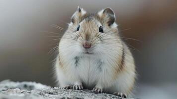 Close-up of a fluffy small rodent in a natural setting with blurred background details photo