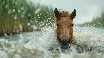 Majestic horse splashing through water in a lush green landscape, capturing a moment of freedom photo