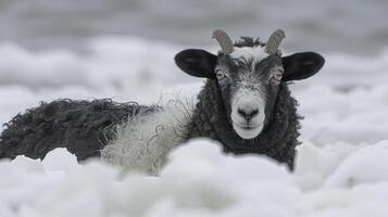 Black and white sheep resting on a foamy shoreline with a blurred ocean backdrop photo