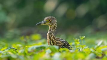 Young bird camouflaged in lush green foliage, observing its surroundings in a serene environment photo