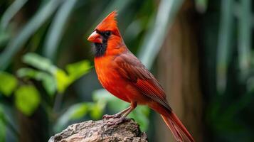 Vibrant red cardinal perched on a rock amidst lush green foliage in a serene natural setting photo