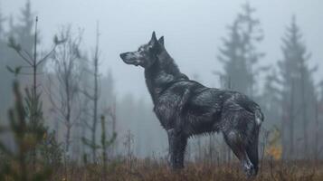 Majestic wolf stands alert in a misty forest, surrounded by tall trees and muted autumn colors photo