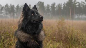 Majestic black dog standing in misty field, surrounded by tall grass and trees in the background photo