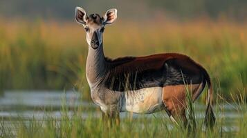 Majestic antelope standing gracefully in lush wetlands, surrounded by vibrant flora and serene water photo