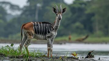 Majestic okapi standing by a serene riverbank surrounded by lush greenery and wildlife photo
