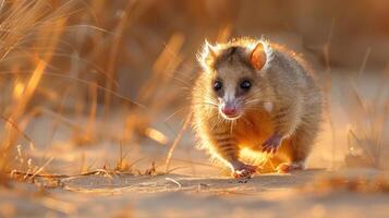 A small marsupial scurrying through golden grass at sunset in a serene natural setting photo