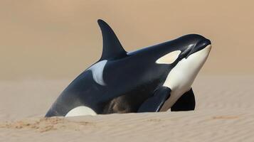 Orca breaching on a sandy shore with a blurred background of ocean waves and sunlight photo