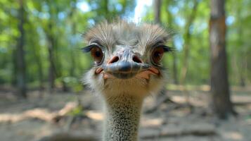 Close-up of an ostrich's face in a forest, showcasing its curious expression amidst greenery photo