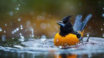 Vibrant orange bird splashing in water, surrounded by droplets, in a serene natural setting photo
