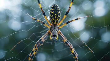 Close-up view of a vibrant spider weaving its intricate web in a lush green environment photo