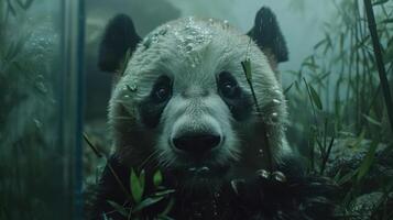 Close-up of a panda underwater surrounded by bamboo, with droplets on its fur and a serene backdrop photo