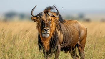 Majestic lion resting in golden grassland under a clear sky, with distant wildlife in background photo
