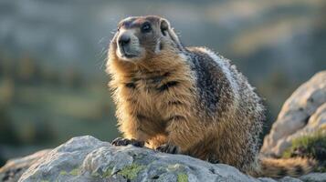 Close-up of a marmot perched on a rock, surrounded by a serene mountainous landscape photo