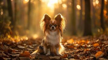 A small dog with fluffy fur sitting on a leaf-covered path in a sunlit autumn forest photo