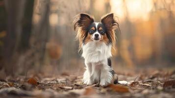 A small dog with fluffy ears sits on a leaf-covered path in a serene autumn forest photo
