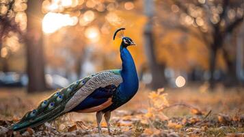 Majestic peacock standing amidst autumn leaves in a park, with sunlight filtering through trees photo