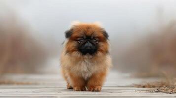 A fluffy Pekingese dog standing on a foggy wooden pathway surrounded by blurred nature photo