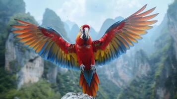 Vibrant macaw spreading its wings in a lush mountainous landscape with soft clouds photo