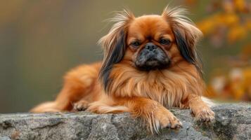 A serene Pekingese dog resting on a stone wall amidst autumn foliage in a tranquil setting photo