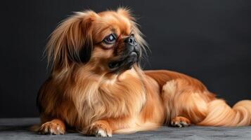 A regal Pekingese dog resting gracefully on a dark surface, showcasing its luxurious fur and calm demeanor photo